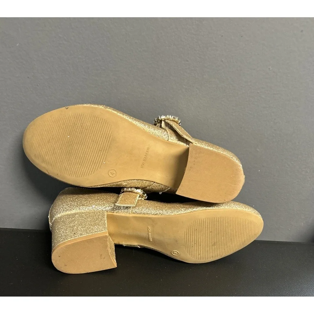 Girls  Size 4‎ Nina Gold Bling Shoes Wedding Dance Pageant Block Heel Rhinestone